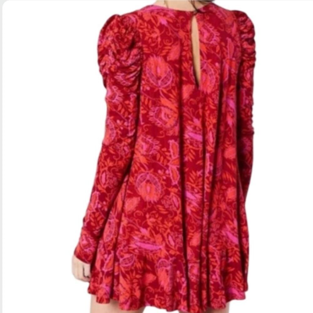 Free People Hello Lover Floral Mini Dress XS Red Puff Sleeve Keyhole Back - Picture 7 of 11
